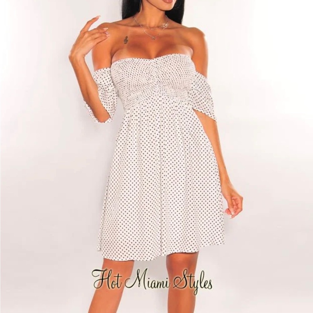 Hot Miami Styles white poka dot/ off the shoulder smocked baby doll dress